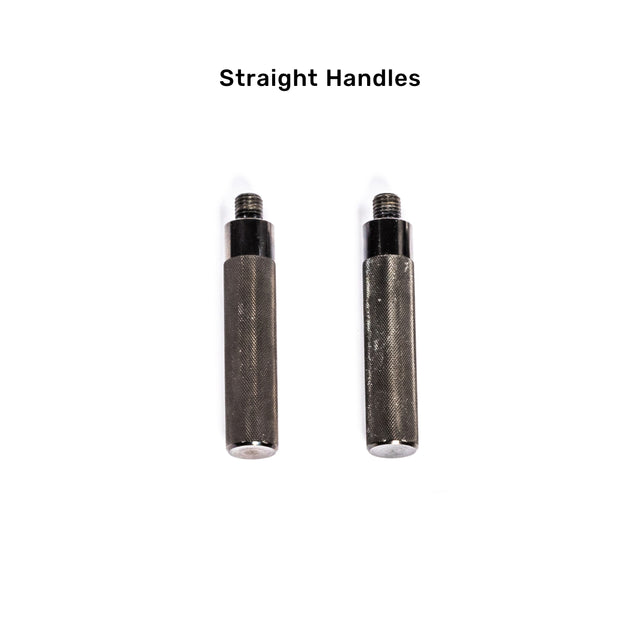 Two straight metal handles from Bells of Steel's Safety Squat Bar - The SS4 are shown against a white background. Each handle has a black upper section and textured lower section for grip, with a caption reading "Straight Handles for versatile squat exercises.