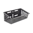The Bells of Steel Rack Attached Storage Basket is a black rectangular organizer with geometric side cutouts and back mounting holes, ideal for storing gym equipment or fitness accessories.