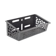 The Bells of Steel Rack Attached Storage Basket is a rectangular black plastic organizer with geometric cutouts, solid back, and two keyhole slots for easy wall mounting or rack attachment—perfect for gym storage.