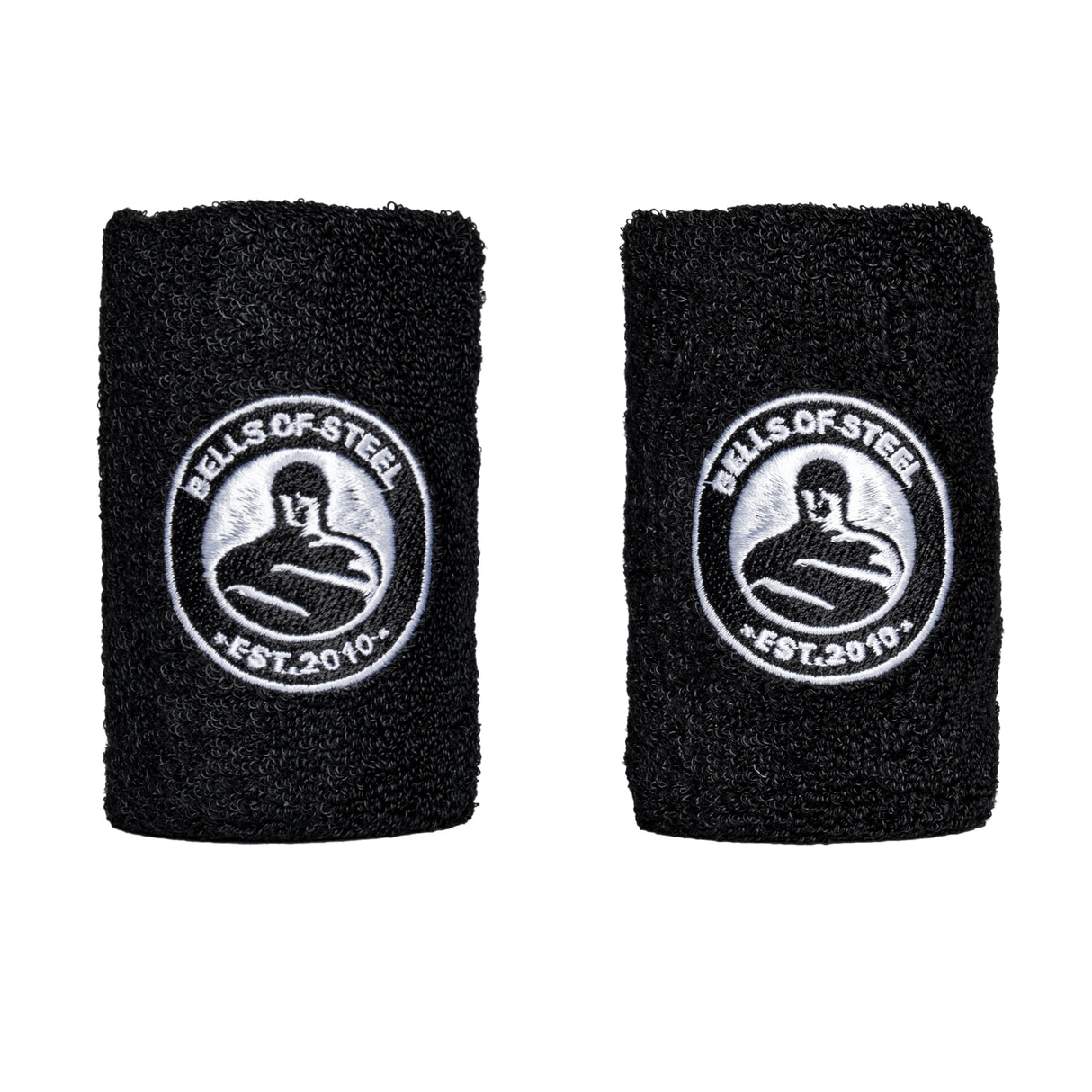 The Wildman Clean & Press Kettlebell Bundle by Bells of Steel includes two black wristbands with a white circular logo featuring a strongman and the text "BELLS OF STEEL" and "EST. 2010," ideal for boosting total-body strength and shoulder stability in your workouts.