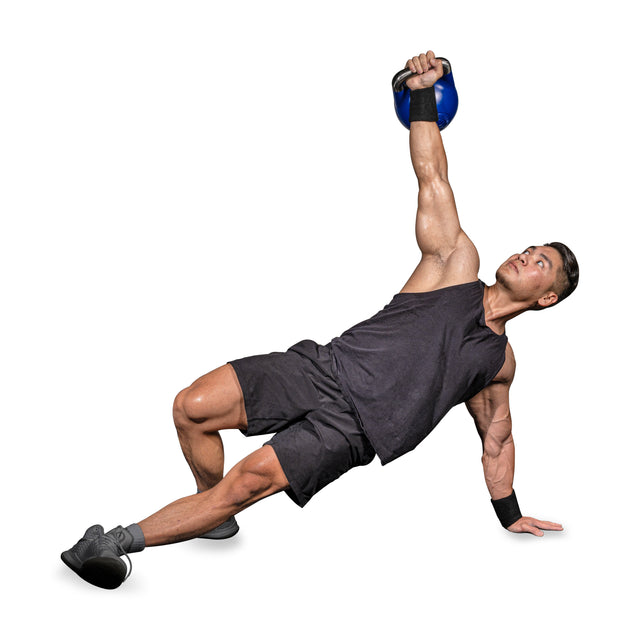 A man wearing a black tank top and shorts skillfully executes a Turkish get-up, balancing on one arm and knee while holding a kettlebell overhead. With precision and control, the experienced lifter demonstrates strength using BellGuard Kettlebell Wrist Guards by Bells of Steel.