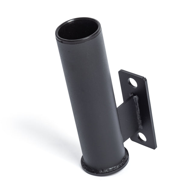 A black metal cylindrical tube featuring a flat mounting bracket with three screw holes is displayed against a white background, highlighting its suitability as the Bells of Steel Vertical Mount Barbell Holder Rack Attachment to enhance home gym organization on your power rack.