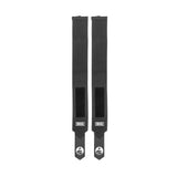 Two black Mighty Wrist Wraps from Bells of Steel with Velcro patches are side by side on a white background. Each features a small BOS logo and a large logo at the tip, providing excellent wrist support for intense training.