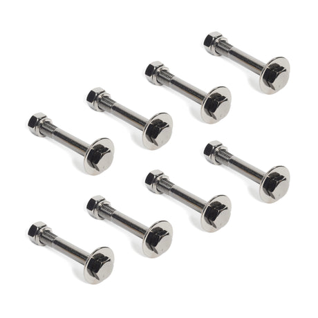 Eight gold and black Titanized Bolts from the Bells of Steel Canada's Hydra series, each accompanied by a nut, are arranged diagonally on a white background. These bolts feature a round, flat head and a threaded shaft.