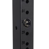 Close-up of a black metal 3x3 upright from Bells of Steel's Hydra, with numbered holes 28–32. A Gold / Black Titanized Bolt for Hydra is inserted in hole 30.