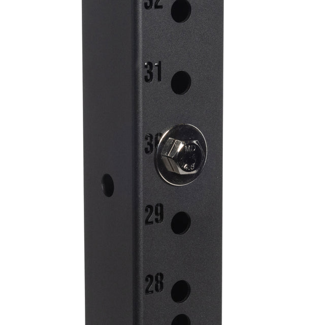 Close-up of a black metal 3x3 upright from Bells of Steel's Hydra, with numbered holes 28–32. A Gold / Black Titanized Bolt for Hydra is inserted in hole 30.