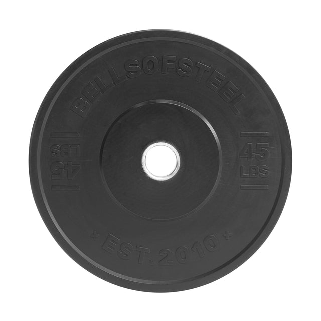 The All-Black Bumper Plates by Bells of Steel are 45 lbs, crafted from recycled rubber, and feature a stainless steel insert with "Est. 2010." They include a central hole for easy barbell attachment.