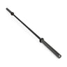 A Bells of Steel Powerlifting Bar, crafted from black metal and isolated on a white background, features aggressive knurling in the central textured grip area and smooth rotating sleeves on both ends for weight plates—making it an ideal powerlifting bar designed to meet IPF specifications.