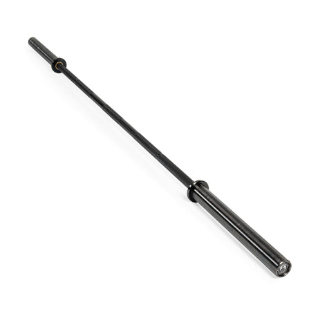 The Bells of Steel Powerlifting Bar, featuring aggressive knurling and smooth black metal sleeves, is displayed diagonally on a white background, designed for strength training.