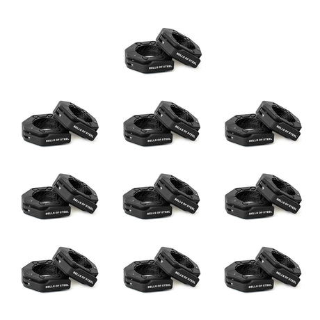 Twelve pairs of black, octagonal Magnetic Clamp Collars by Bells of Steel are arranged in a grid pattern on a white background.