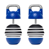 The Bells of Steel Adjustable Competition Kettlebell features a pair of blue kettlebells with silver handles and a unique stacked design. The lower halves include detachable black and blue rounded weights for easy increments, creating a ribbed pattern.