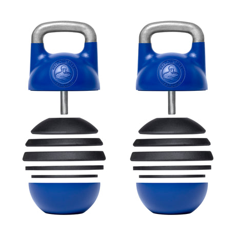 The Bells of Steel Adjustable Competition Kettlebell features a pair of blue kettlebells with silver handles and a unique stacked design. The lower halves include detachable black and blue rounded weights for easy increments, creating a ribbed pattern.