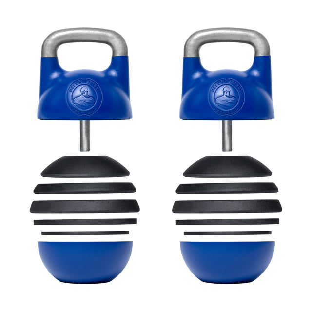 The Bells of Steel Adjustable Competition Kettlebell features a pair of blue kettlebells with silver handles and a unique stacked design. The lower halves include detachable black and blue rounded weights for easy increments, creating a ribbed pattern.