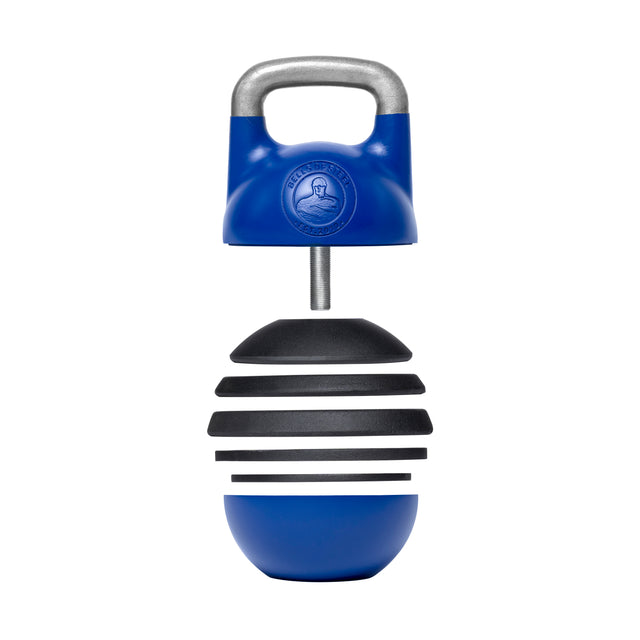 The Adjustable Competition Kettlebell by Bells of Steel features a silver handle, rotating black discs on a blue base, and offers various weight increments for customized workouts. Perfect for those seeking versatility and efficiency in their strength training routine.