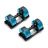 Two NÜOBELL Adjustable Dumbbells from Nuobell, featuring blue exteriors and black handles, rest on a white backdrop. The machined steel weight plates offer customizable settings, making them ideal for personalized workouts.