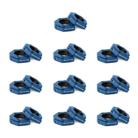 Twelve pairs of blue and black "Bells of Steel" weight plates are arranged in a 4x3 grid on a white background, ideal for use with Magnetic Clamp Collars for secure lifting.