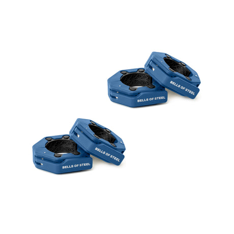 Four blue octagonal Magnetic Clamp Collars by Bells of Steel with black textured centers, shown in pairs on a white background—ideal for pairing with your favorite barbell pads for secure, comfortable lifting.