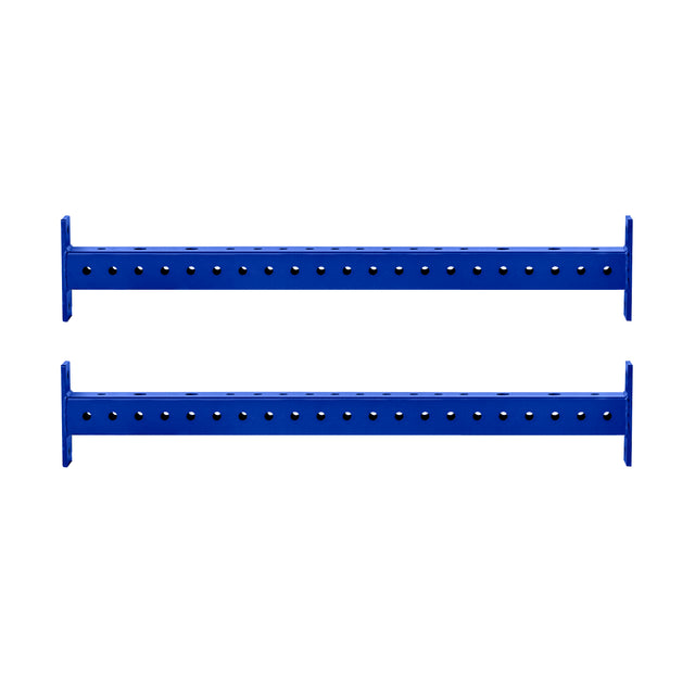 Two blue metal rails with multiple evenly spaced holes, positioned parallel to each other against a white background, resemble the Hydra Crossmembers by Bells of Steel.