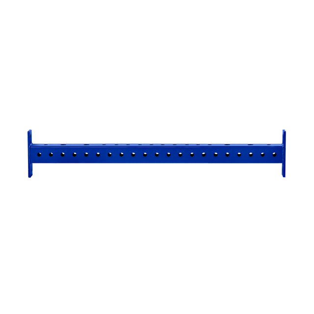 A Hydra Crossmember from Bells of Steel, featuring multiple evenly spaced holes along its length and made of sturdy blue metal, is isolated against a white background.