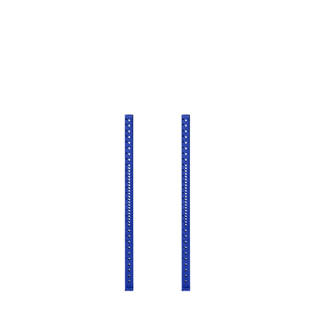 Two vertical Hydra Vertical Uprights by Bells of Steel stand parallel against a white background. Each blue metal bar features multiple evenly spaced holes, indicating they're part of a shelving or support structure.