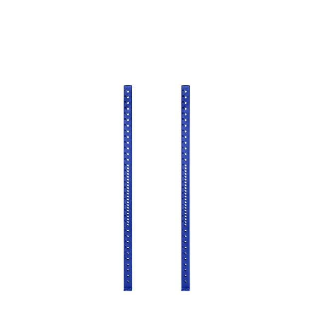 Two blue Hydra Vertical Uprights from Bells of Steel are positioned side by side against a white background. They have evenly spaced holes along their length, suggesting use in shelving or racking setups.