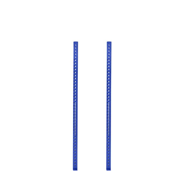 Two blue Hydra Vertical Uprights from Bells of Steel stand against a white background, featuring tall, slim metal uppers. Each beam is perforated with evenly spaced holes running vertically, ready for rack attachments.