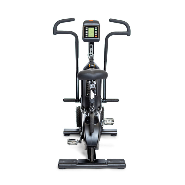 Front view of a Blitz Max Air Bike by Bells of Steel in black, featuring a digital display screen on the handlebars. The pedals and saddle are visible, and the bike is set against a plain white background, making it perfect for any fitness studio seeking sleek equipment.