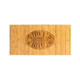 The Bells of Steel Deadlift Platform Bamboo Insert features two rectangular bamboo boards side by side, a large engraved logo in the center, and the years "20" and "10," making it a durable choice for any lifting platform.