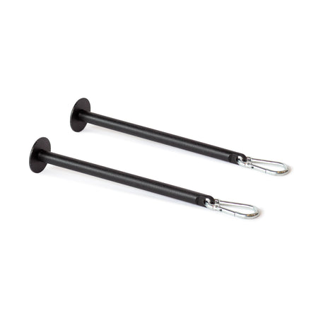 The Bells of Steel Band Pegs with Carabiners—two black metal pegs with flat circular ends and silver carabiner clips—are perfect for resistance training or use with your power rack.