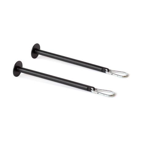 The Bells of Steel Band Pegs with Carabiners—two black metal pegs with flat circular ends and silver carabiner clips—are perfect for resistance training or use with your power rack.