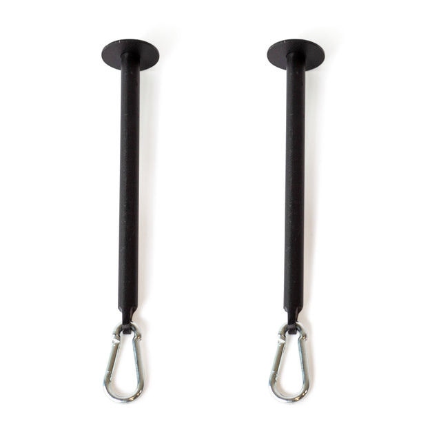 Two black Band Pegs with Carabiners by Bells of Steel are set against a white background. Perfectly crafted, these pegs are ideal for suspending resistance bands or equipment, adding versatility to your workout space or aligning with your power rack specs.