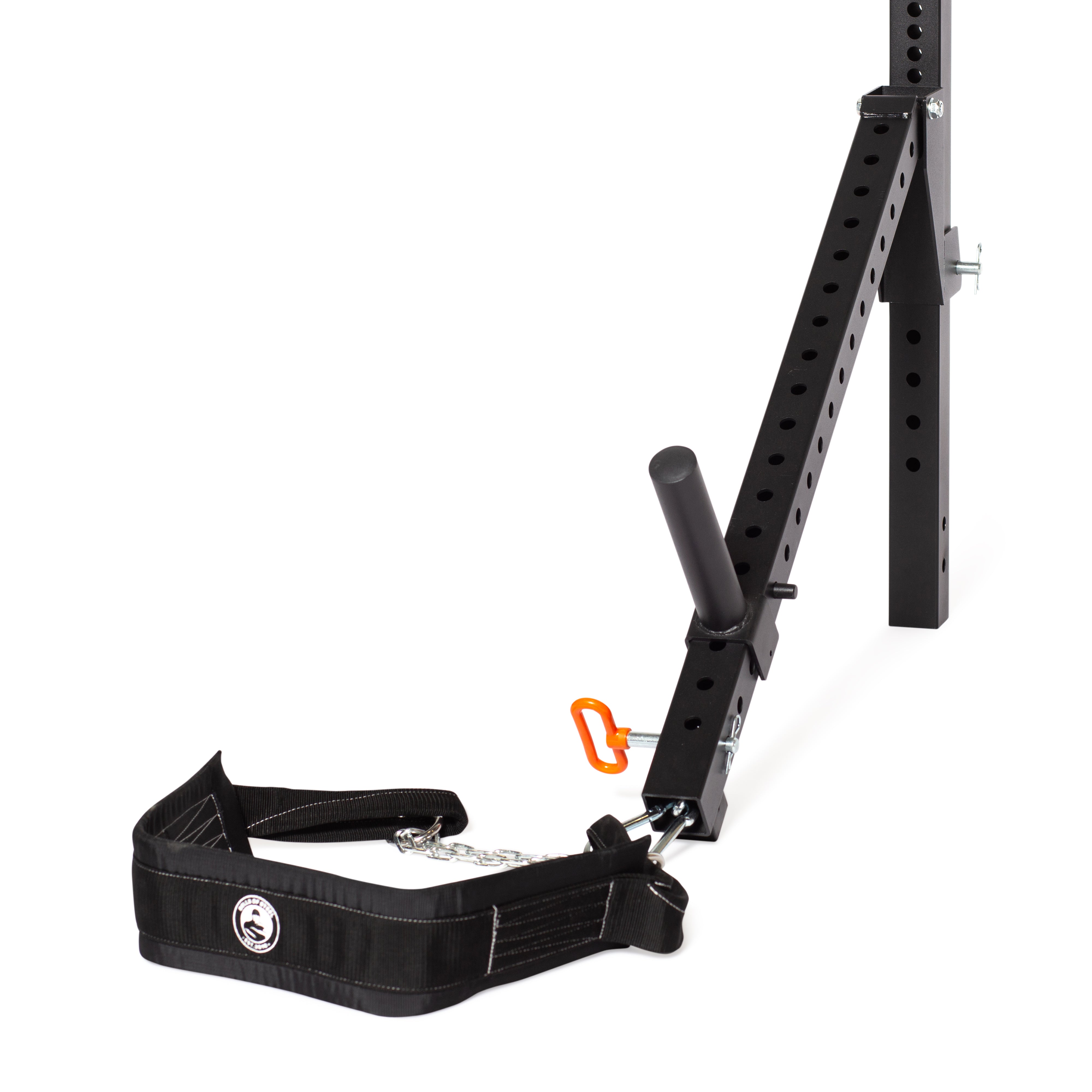 The Belt Squat / Lever Arms Rack Attachment by Bells of Steel is a black weightlifting belt with a logo, designed to be attached to a metal rack and equipped with a chain and carabiner clip. It's perfect for Belt Squat exercises and an excellent addition to enhance your home gym setup, displayed on a white background.