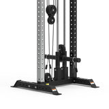 Close-up of the Bells of Steel Cable Tower for home gyms, featuring adjustable pulleys, cables, and attachments for various exercises. Its sturdy frame has multiple height adjustment holes and a wide base for stability.