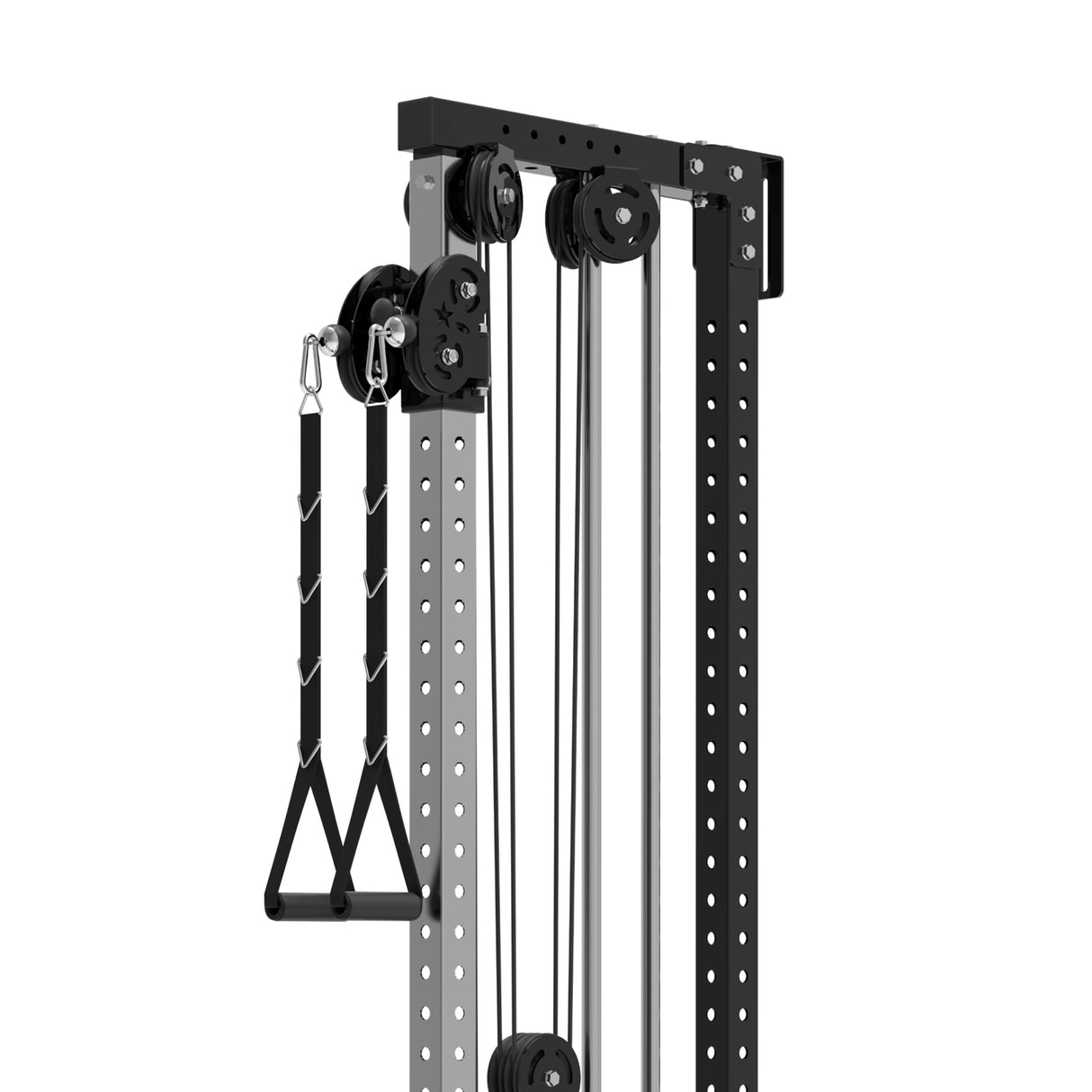 A close-up of the Bells of Steel Cable Tower for a home gym showcases its black and metallic frame, adjustable pulleys, and handle attachment for versatile cable exercises.