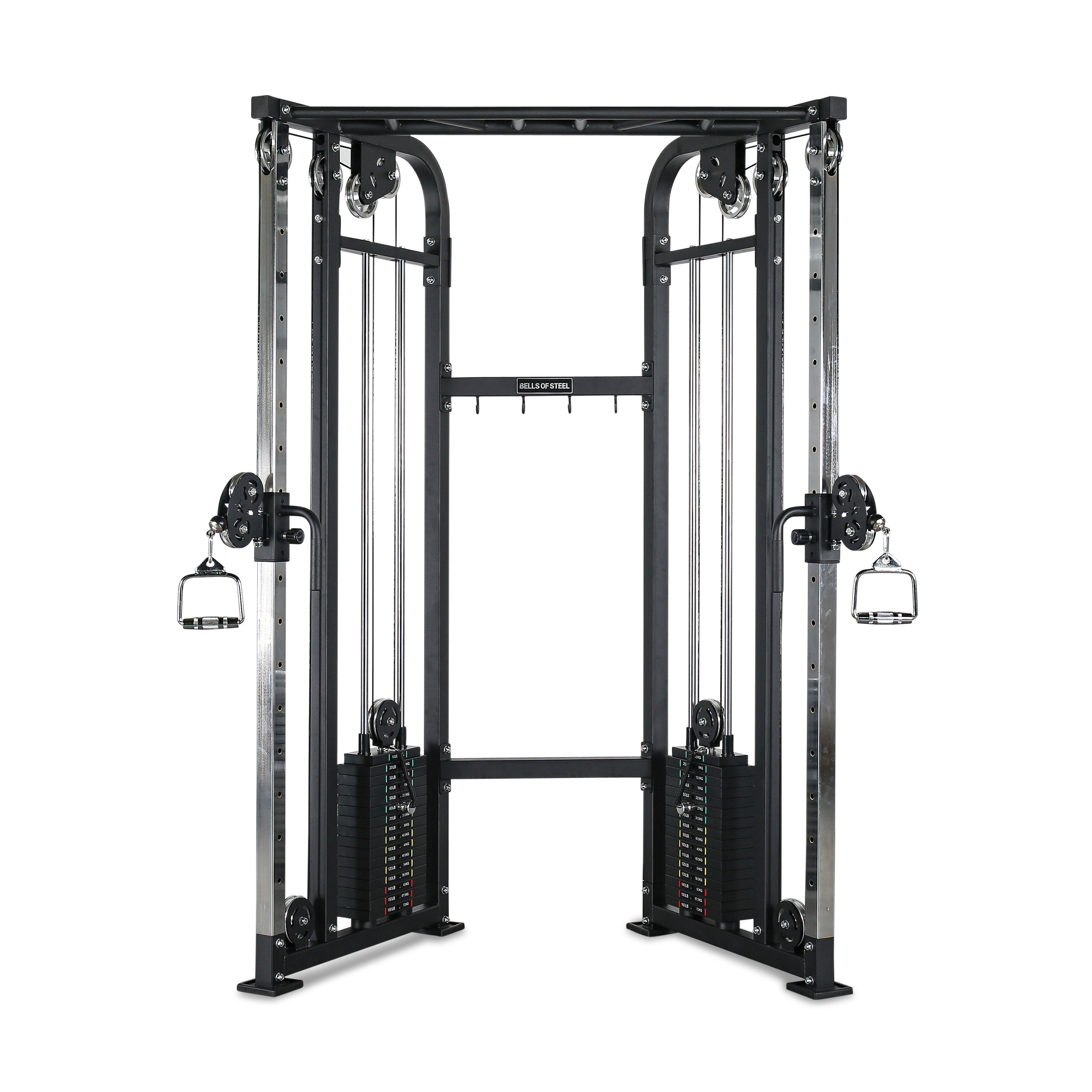 The Bells of Steel Functional Trainer is a stylish dual cable crossover gym machine featuring black and silver components. Equipped with adjustable pulleys and dual 160lb weight stacks, it provides versatile cable machine exercises. Two handles are included to deliver a robust strength training experience.