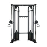 The Bells of Steel Functional Trainer - Weight Stack is a black dual adjustable pulley machine with two adjustable arms and handles, ideal for versatile cable exercises and strength training routines.