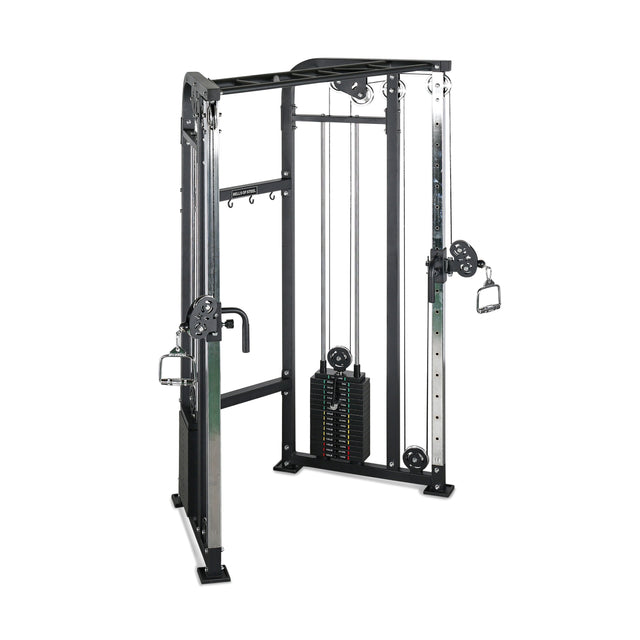 The Bells of Steel Functional Trainer is a black and silver cable crossover machine offering a versatile workout with adjustable pulleys, weight stacks, multi-grip pull-up bars, and dual handles for exercises like chest flyes and cable rows.