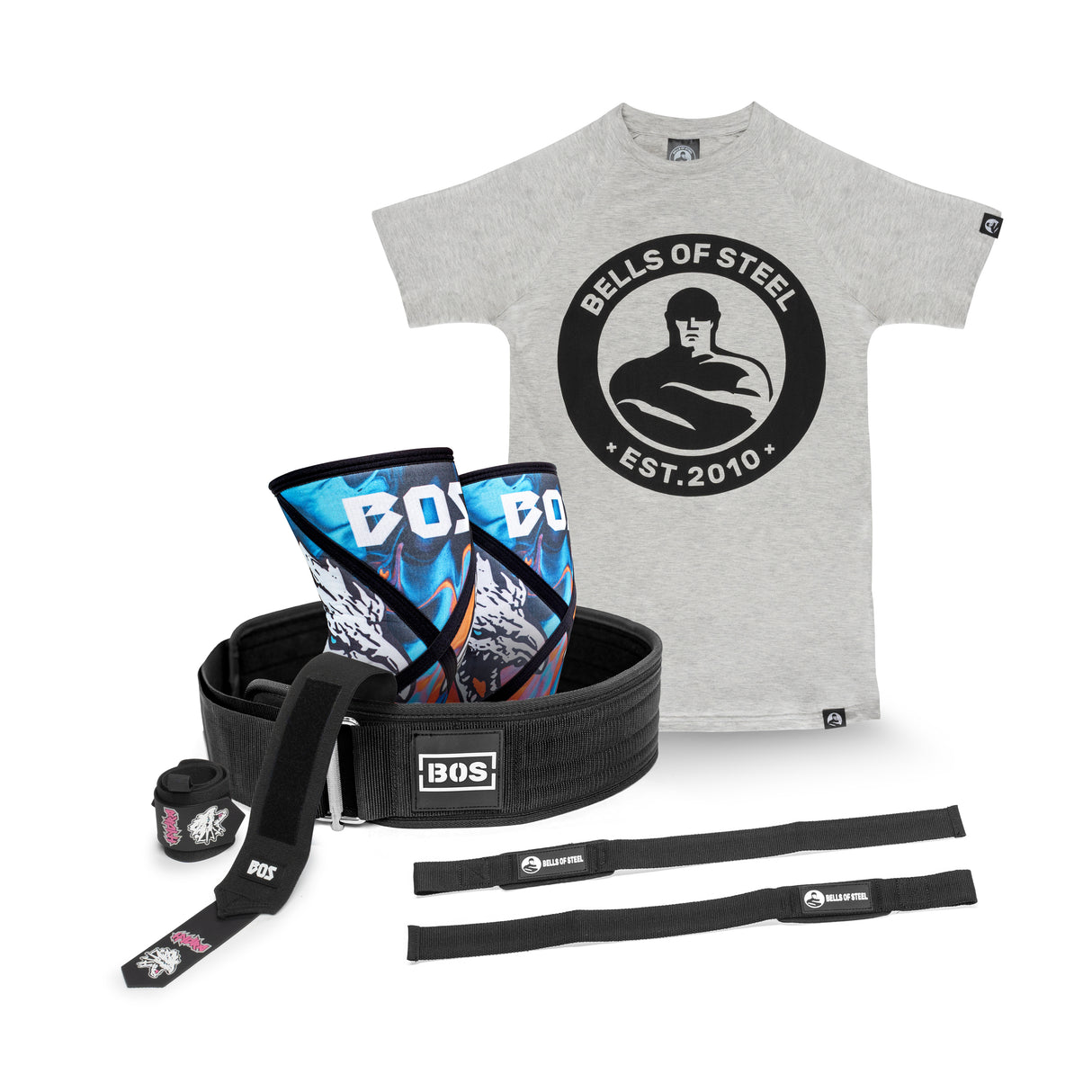 A fitness gear set called "Self Locking Belt Package" from Bells of Steel Canada includes a gray T-shirt with a black circular logo, a self-locking weightlifting belt, wrist wraps, and two colorful knee sleeves. The belt and sleeves feature the "BOS" brand logo.