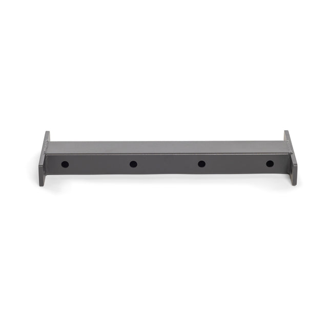 The Hydra Crossmember for Plate Tree by Bells of Steel is a gray, rectangular metal bracket with three evenly spaced circular holes designed for mounting or supporting. Its slightly elevated ends suggest it can be affixed to surfaces, making it an ideal storage solution.