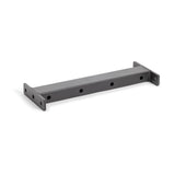 The Hydra Crossmember for Plate Tree by Bells of Steel is a gray, rectangular metal bracket featuring evenly spaced holes along its length. Designed with flat ends and extra mounting holes, it offers a smooth, matte finish.