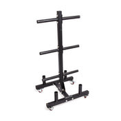 The Bells of Steel Bumper Plate Weight Tree and Bar Holder is a sleek black design with four horizontal arms on each side, a vertical center support, and lockable wheels for easy mobility, making it an efficient storage solution for any gym.