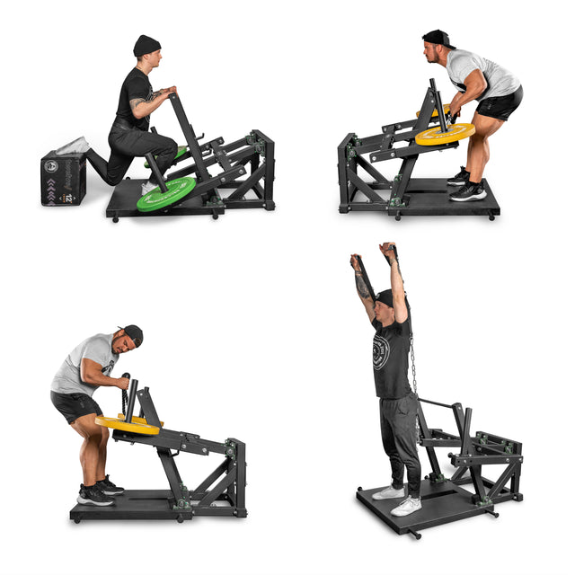 Four images showcase a man using the Bells of Steel Belt Squat Machine in top left and bottom positions. Sporting a black hat, shirt, shorts, and visible tattoos, he complements his workout with green and yellow plates for lower body strength.