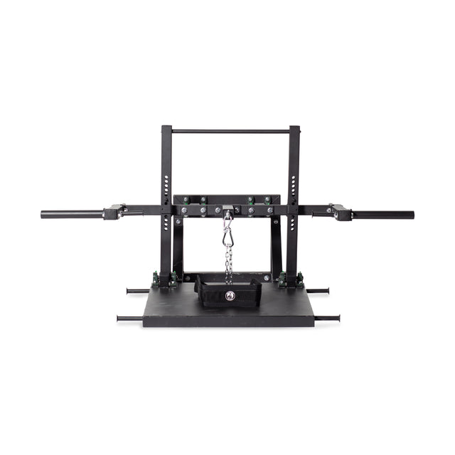 The Bells of Steel Belt Squat Machine in black steel is ideal for home gyms, offering a solid setup with two adjustable side bars and a central chain from the top crossbar to boost lower body strength training.