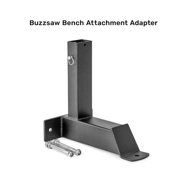 Introducing the Bells of Steel Bench Attachments: This black metal adapter is ideal for aligning with a range of bench configurations. It includes a vertical square tube equipped with a pin, along with an extended horizontal base and mounting plate. For a secure fit, bolts and washers are provided.