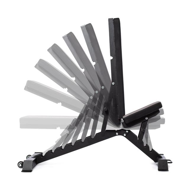 The Buzz-Saw Heavy-Duty Adjustable Bench from Bells of Steel supports up to 000lb and has eight back pad angles in a sleek design. It features a black finish, gray padding on a sturdy frame, and wheels for easy mobility, making it a versatile fitness essential.