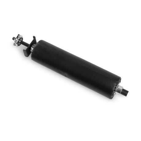 A sleek black cylindrical roller with attached gears and metallic components, resembling the Split Squat Leg Roller Rack Attachment by Bells of Steel, is elegantly placed against a white background.