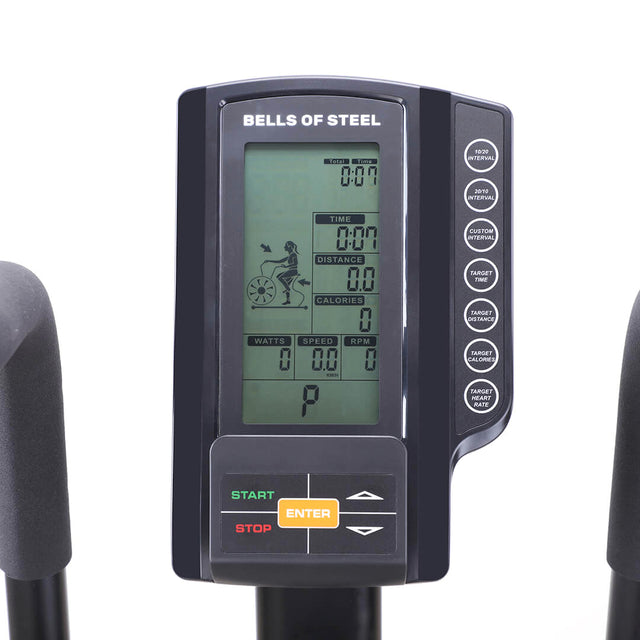 Close-up of the Bells of Steel Blitz Air Bike's digital display revealing time, distance, and calories. Ideal for home gyms, it features start, stop, and enter buttons for intense full-body workouts.