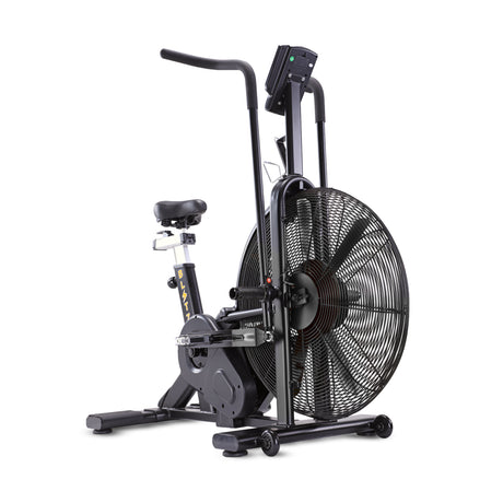 The Bells of Steel Blitz Air Bike, a black exercise machine with upright handlebars, a padded seat, large front fan wheel, and digital display, is ideal for any home gym and is shown against a white background.