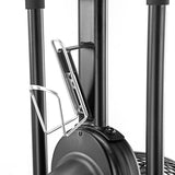 Close-up of the Bells of Steel Blitz Air Bike’s black frame with a silver water bottle holder, ideal for full-body home gym workouts. Vertical bars and screws are visible against a white background.