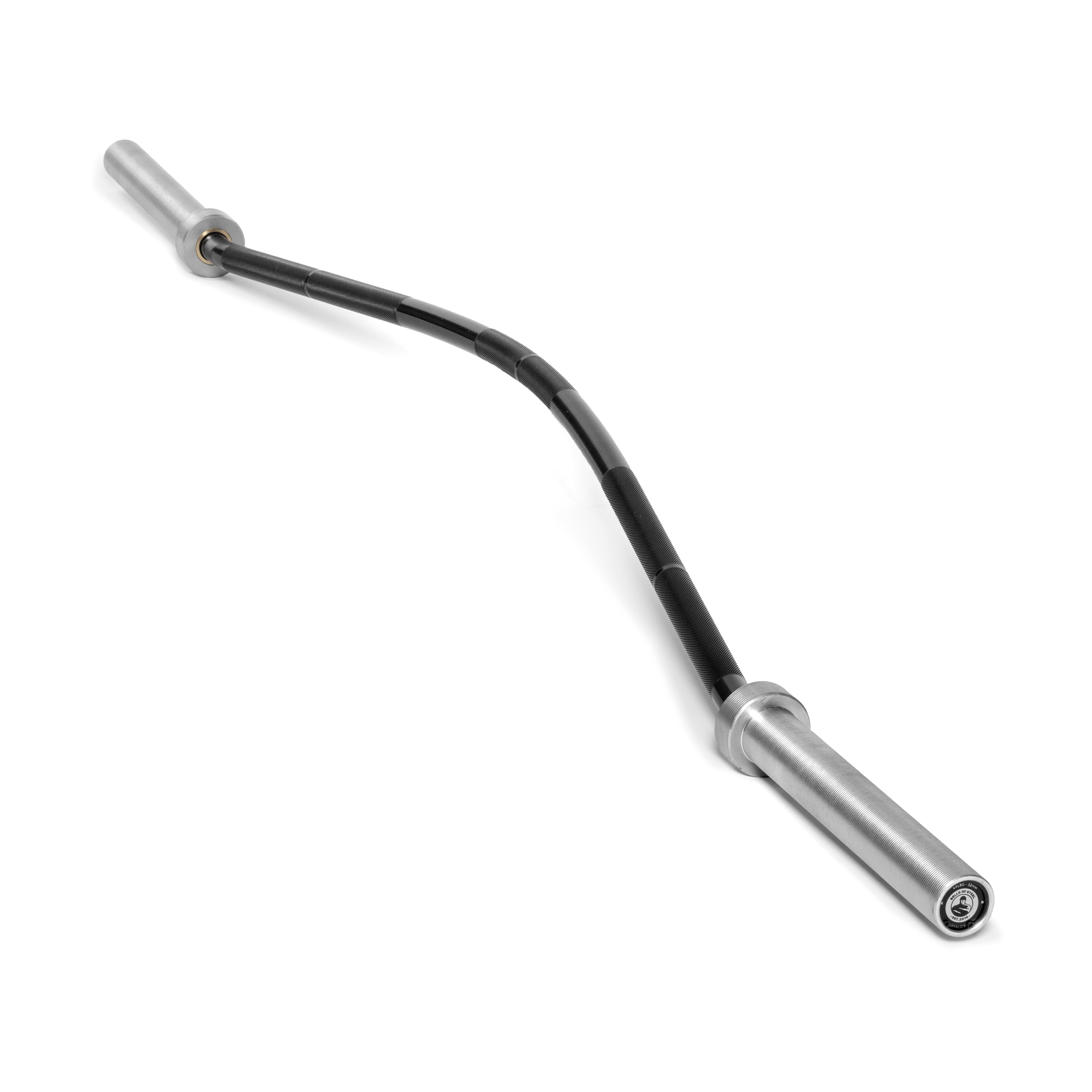 A noticeably curved Buffalo Bar from Bells of Steel, featuring a combination of bent black and silver design, rests on a white background. Engineered for upper body exercises, this barbell includes smooth, cylindrical ends for attaching weights, helping reduce joint strain during lifting sessions.